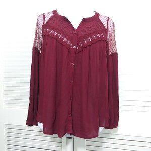 American Eagle Outfitters Blouse Burgundy Lace Boho Button Front Top Womens XS